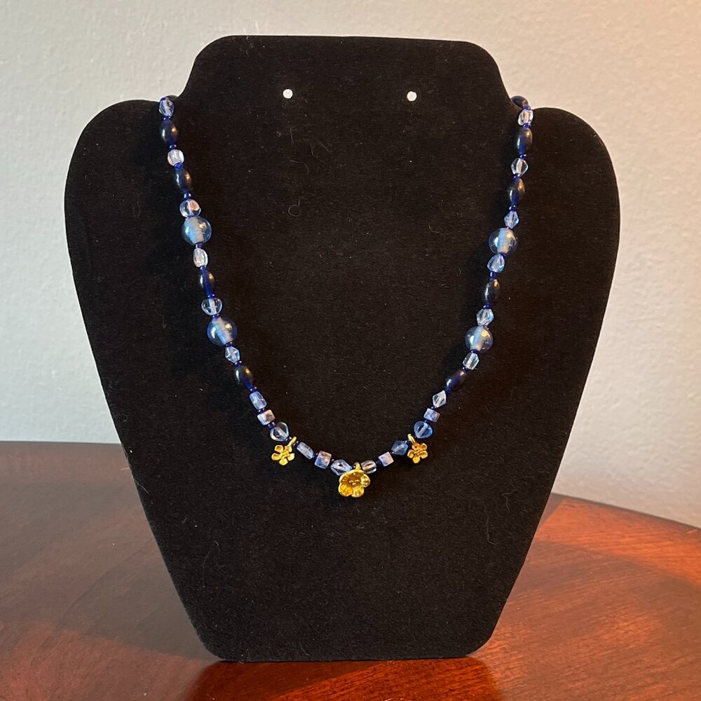 Handmade Beaded Necklace - Blue with Gold Flowers